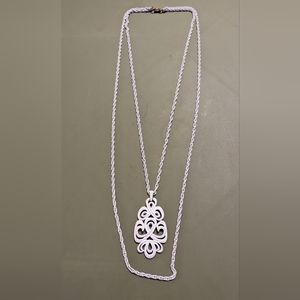 Vintage Crown Trifari white enamel pendant necklace Double chains necklace